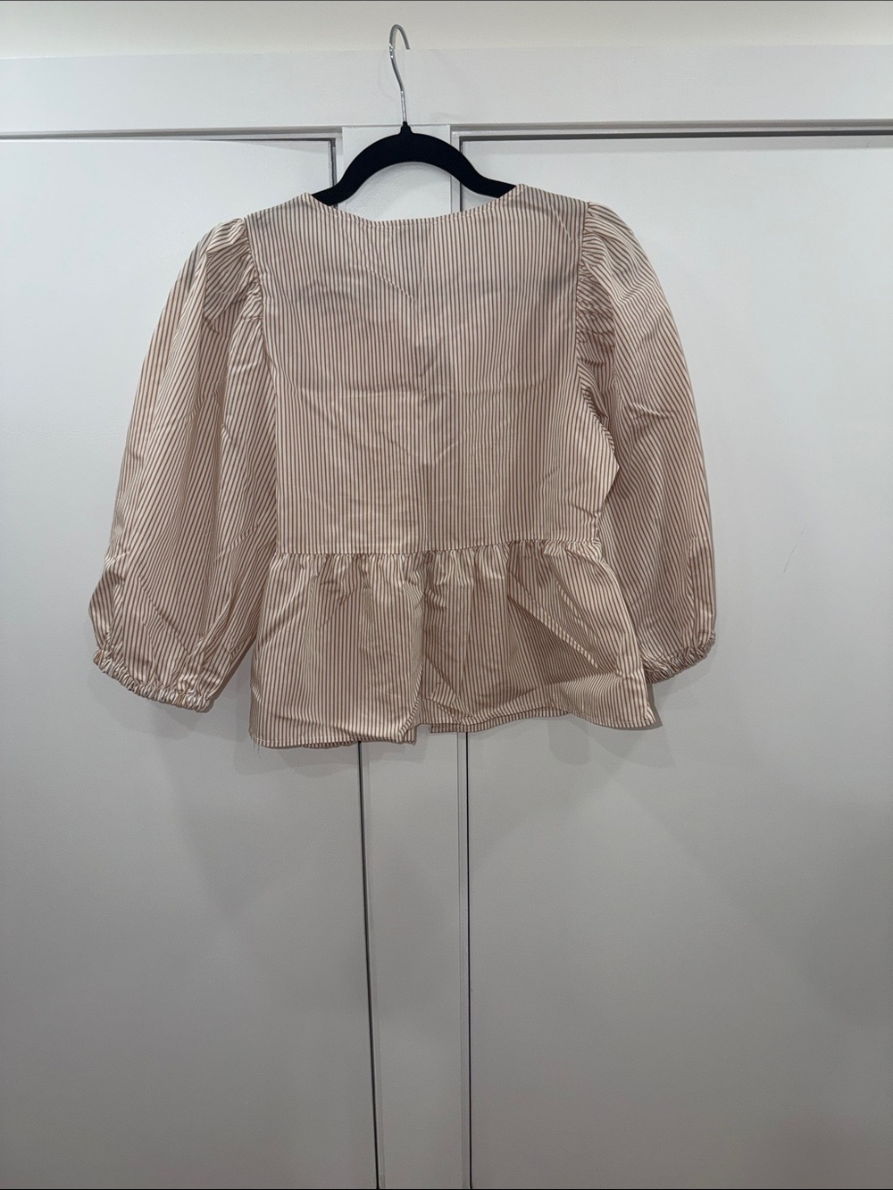 Striped Tie-Front Peplum Blouse - Cream/Brown - Picture 4 of 5